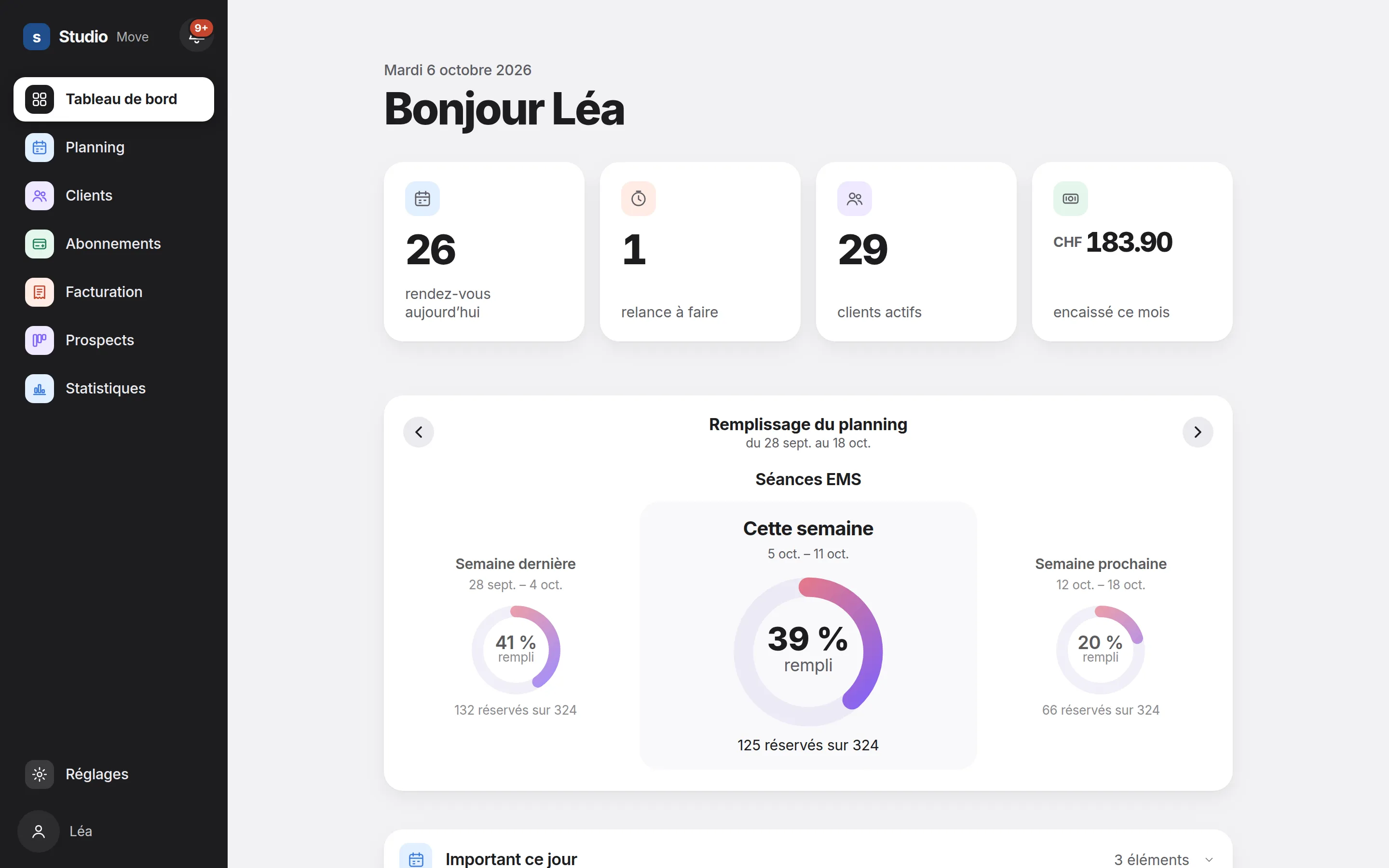 Tableau de bord de Heverly CRM pour le studio fictif Studio Move : rendez-vous du jour, relances à faire, clients actifs, encaissements du mois et remplissage du planning