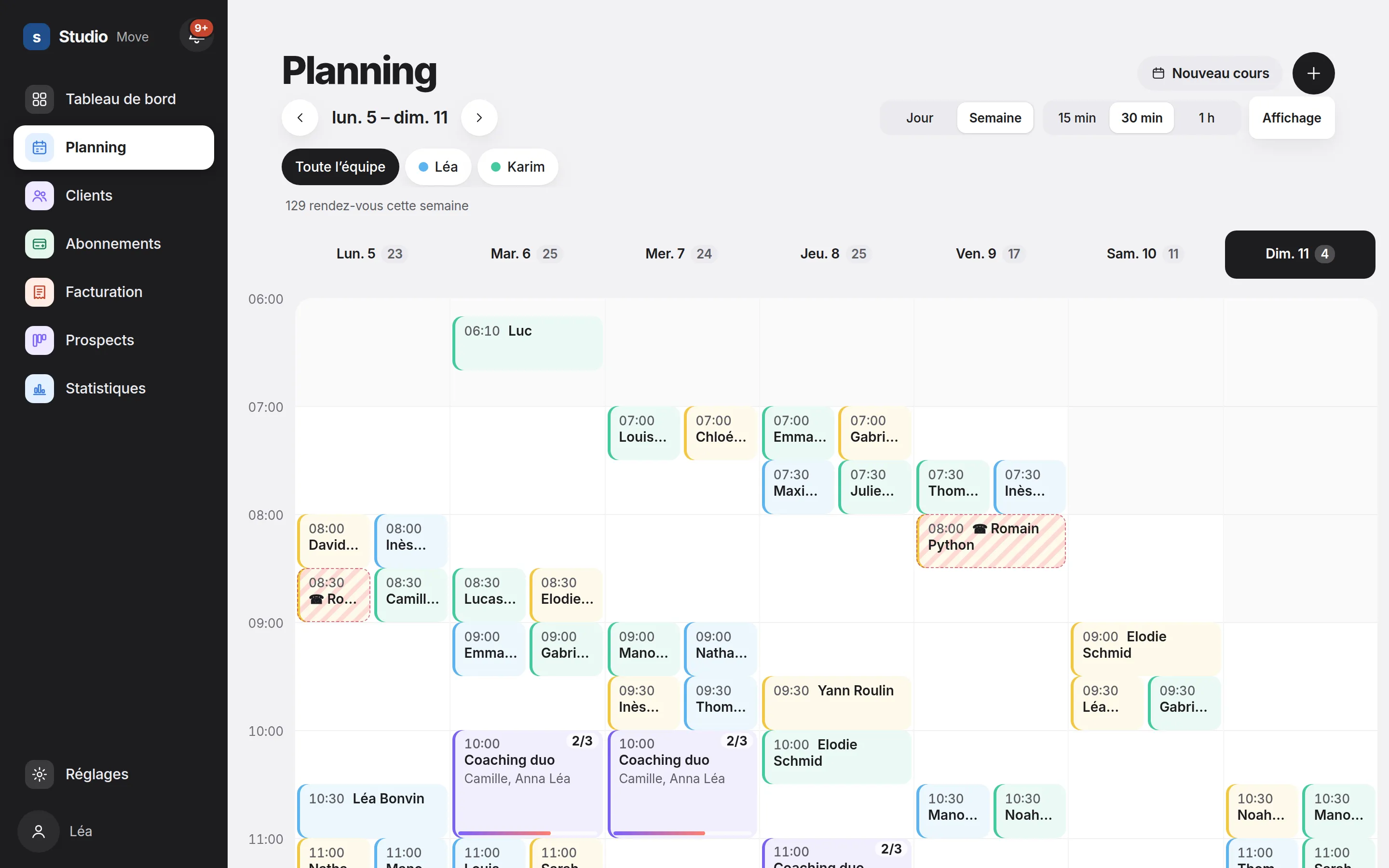 Planning de la semaine dans Heverly CRM : rendez-vous individuels et cours en groupe, pour toute l'équipe ou par personne