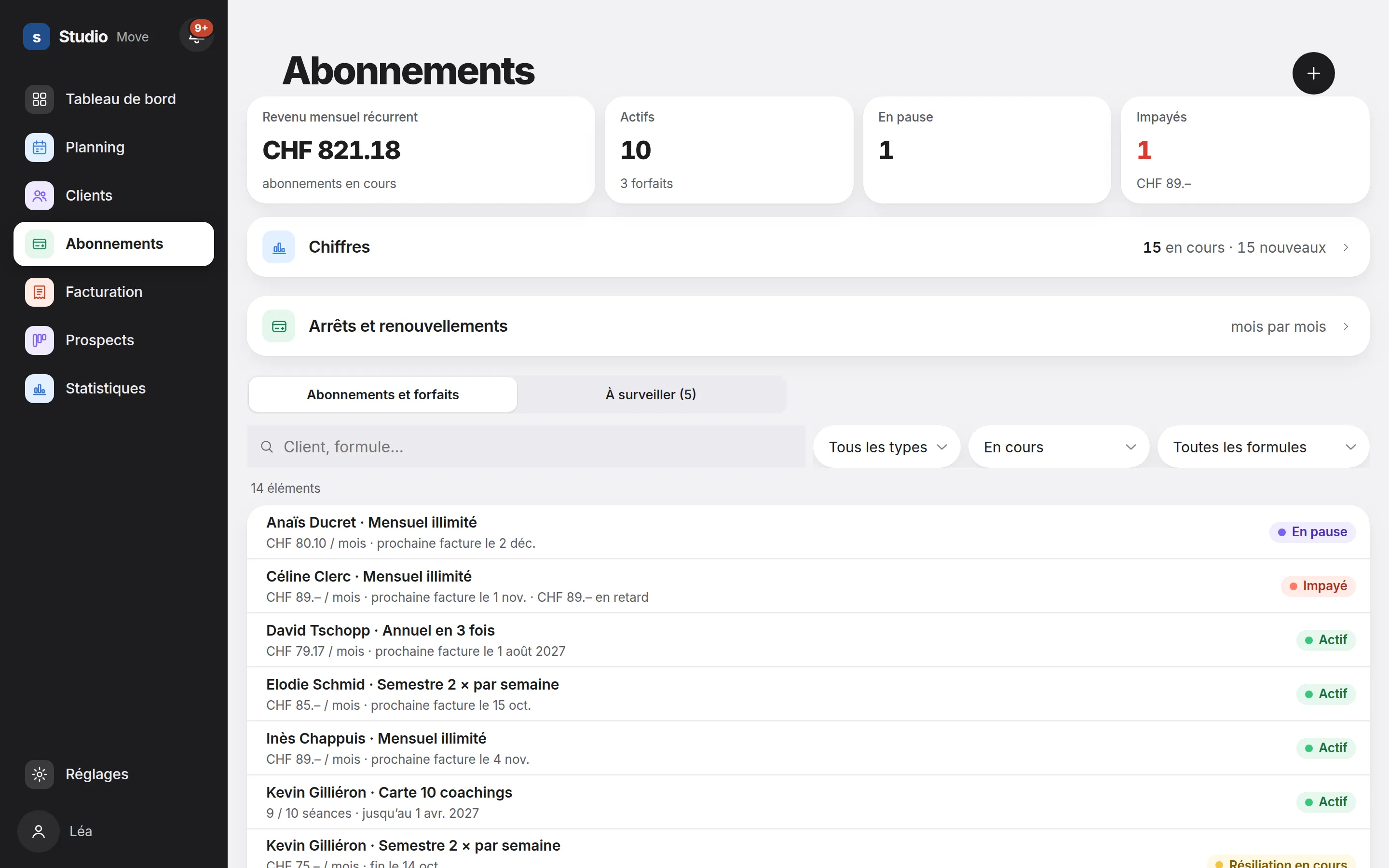 Abonnements et forfaits dans Heverly CRM : revenu mensuel, abonnements actifs, en pause ou impayés, et liste par client