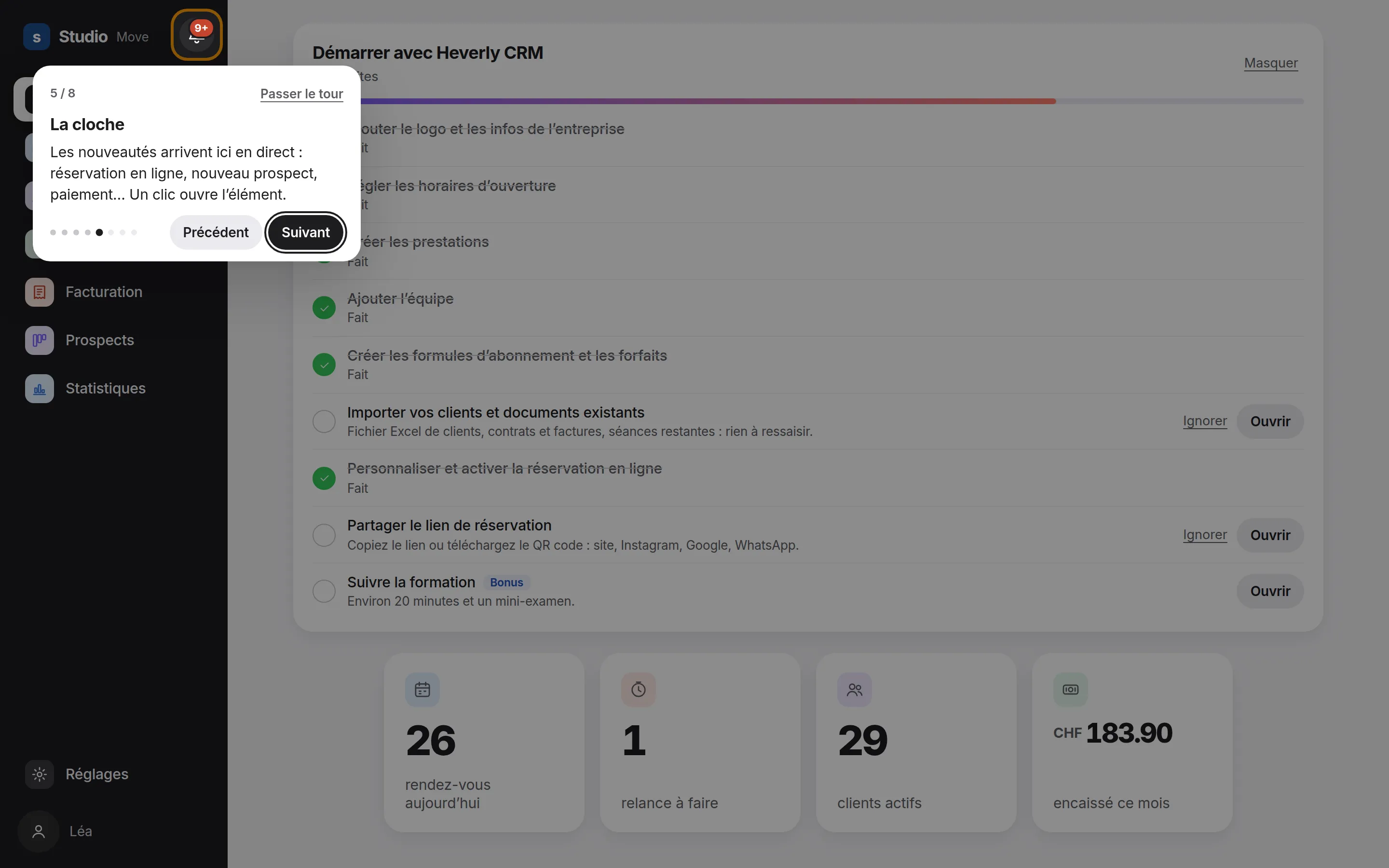 Visite guidée de Heverly CRM à la première connexion, ici l'étape consacrée à la cloche de notifications