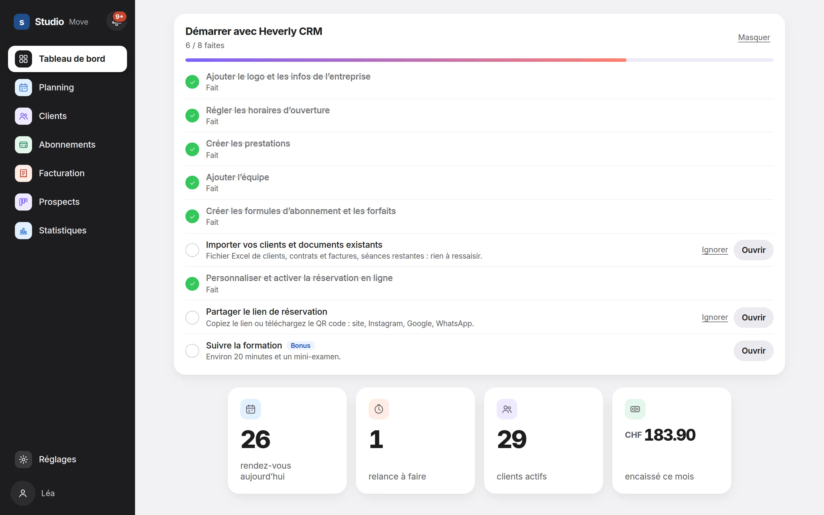 Liste de démarrage de Heverly CRM : logo, horaires, prestations, équipe, formules, import, réservation en ligne et formation