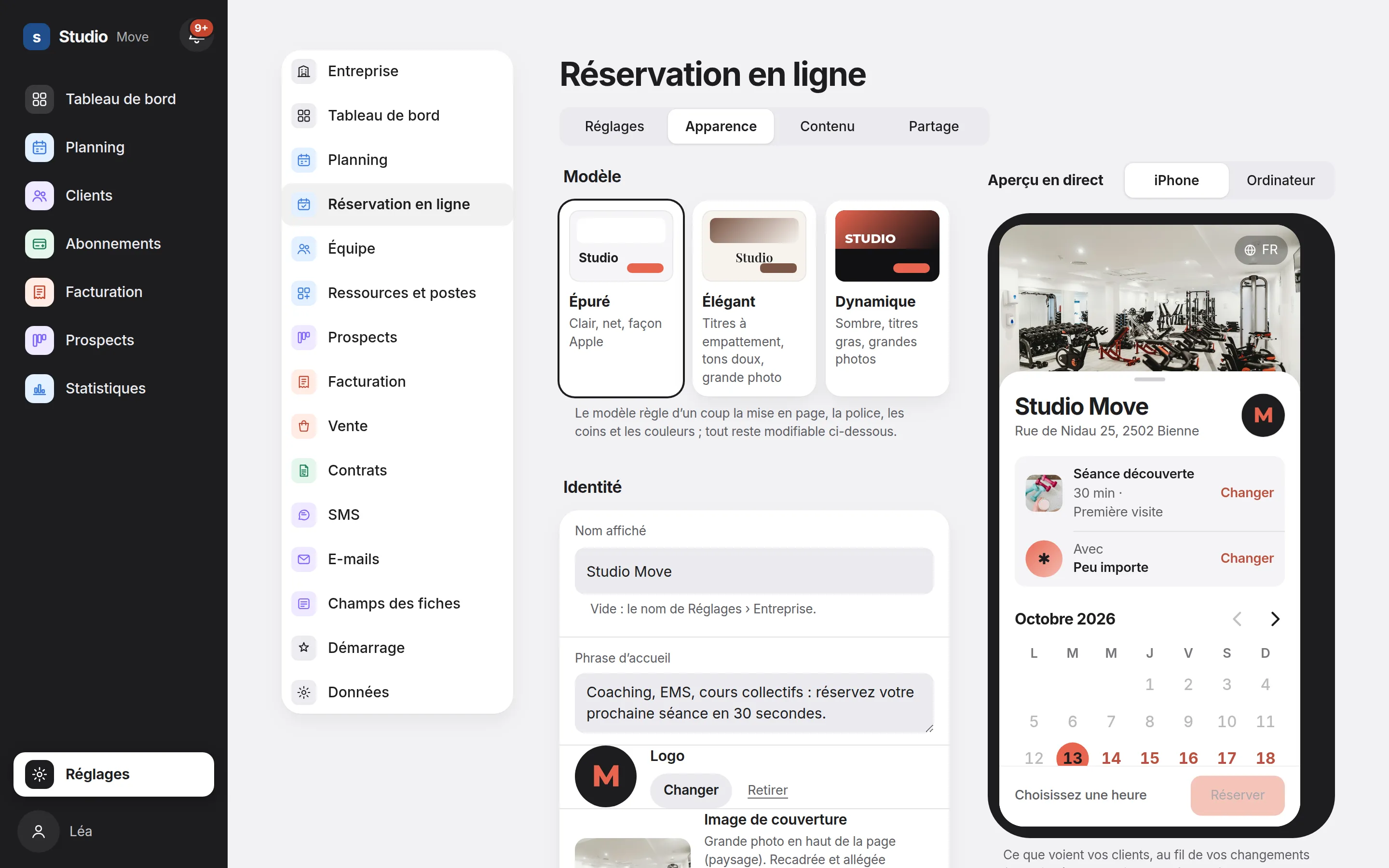 Réglages de la réservation en ligne : choix du modèle, nom affiché, phrase d'accueil, logo et aperçu en direct de la page